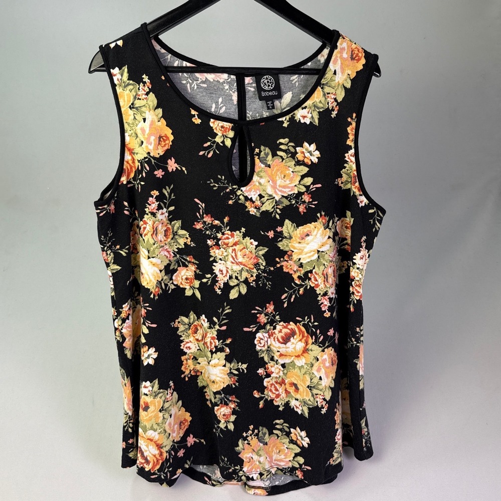 Bobeau Womens XL Black Floral Sleeveless Keyhole Split Back Shell Top Blouse